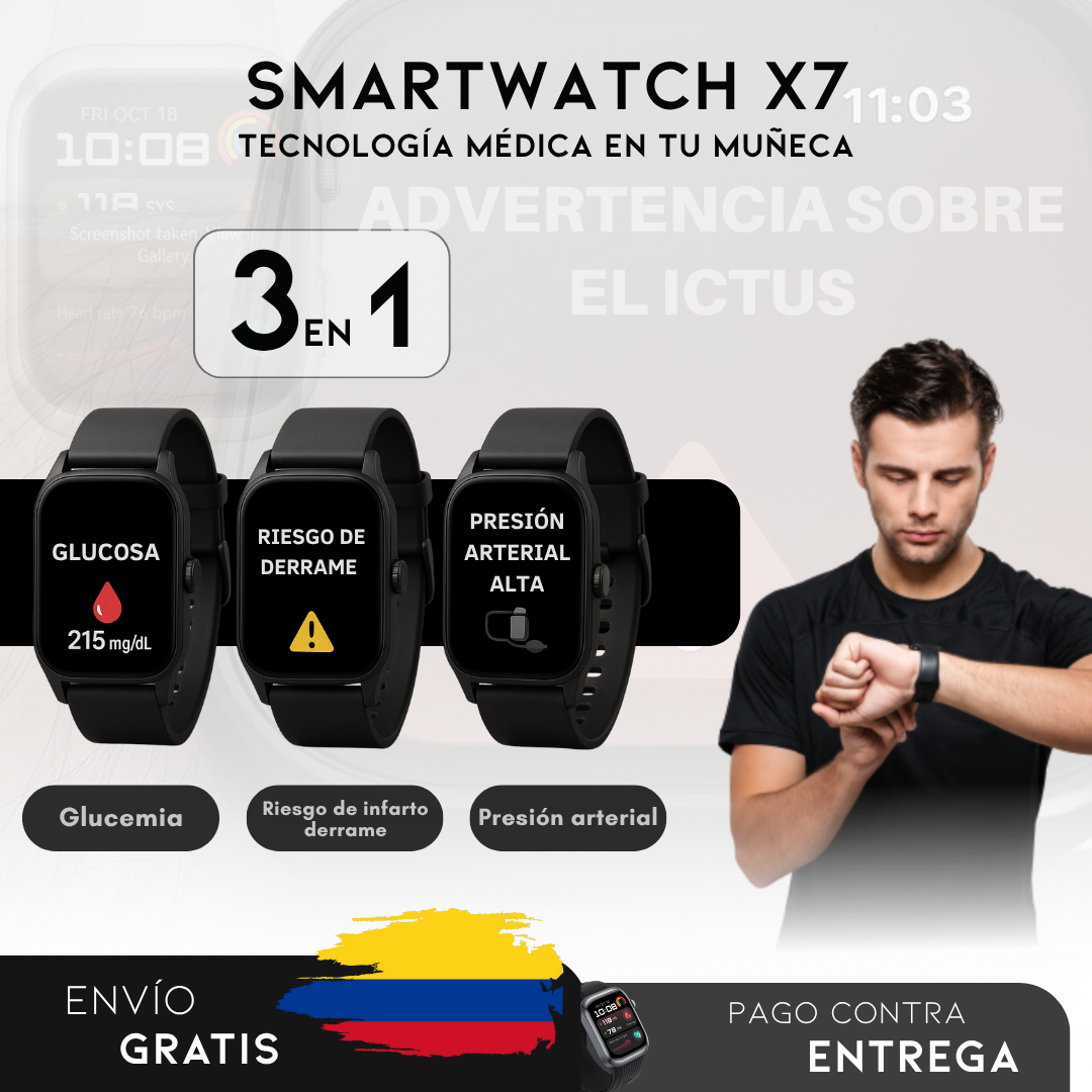 Smart Watch X7 Ultra Reloj Inteligente -Monitor Médico 3 en 1 (Glucosa, Presión, Riesgo de ACV) | Menú en español
